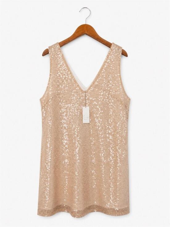 a new day Dresses & Skirts - A New Day Women's Beige Sequin Sleeveless V-Neck Shift Dress Size L NWT